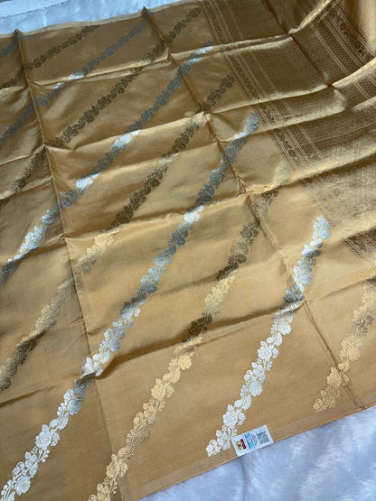Raw Mango Antique Gold Handloom Silk Saree with Sona Rupa Floral Leheriya and Traditional Border