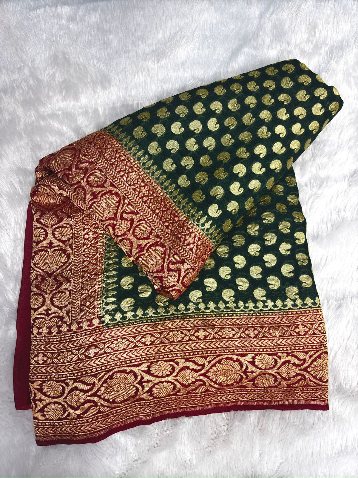 Rani Red & Bottle Green Khaddi Georgette Banarasi Saree with Antique Zari Border