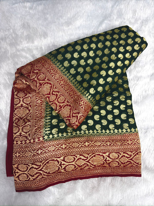 Rani Red & Bottle Green Khaddi Georgette Banarasi Saree with Antique Zari Border