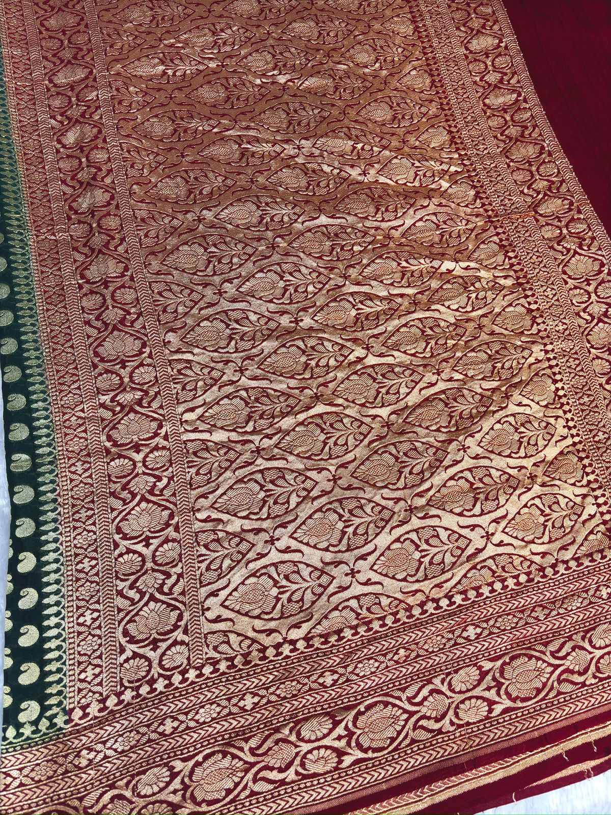 Rani Red & Bottle Green Khaddi Georgette Banarasi Saree with Antique Zari Border