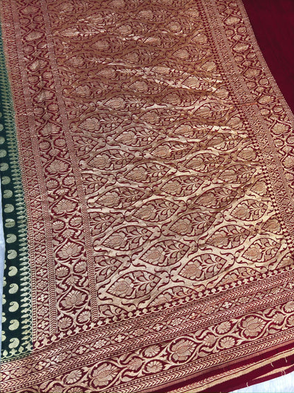 Rani Red & Bottle Green Khaddi Georgette Banarasi Saree with Antique Zari Border