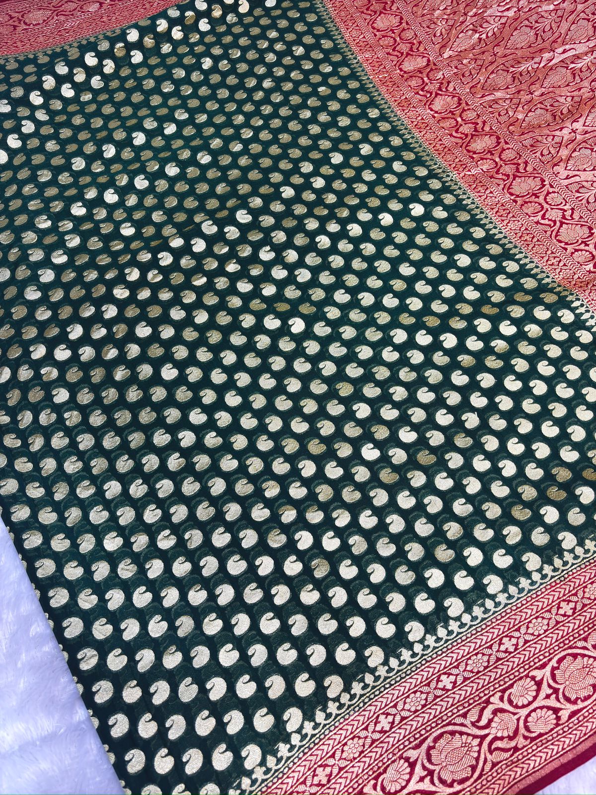 Rani Red & Bottle Green Khaddi Georgette Banarasi Saree with Antique Zari Border