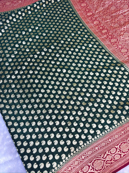 Rani Red & Bottle Green Khaddi Georgette Banarasi Saree with Antique Zari Border