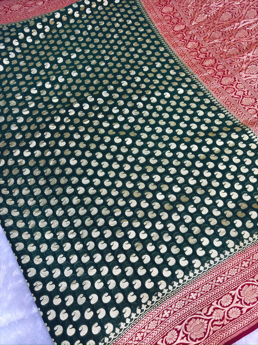 Rani Red & Bottle Green Khaddi Georgette Banarasi Saree with Antique Zari Border