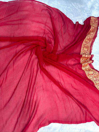 Rani Red & Bottle Green Khaddi Georgette Banarasi Saree with Antique Zari Border