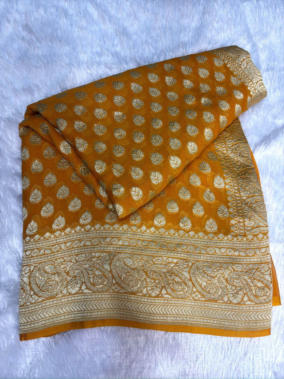 Mustard Gold Khaddi Georgette Banarasi Saree with Antique Zari Border
