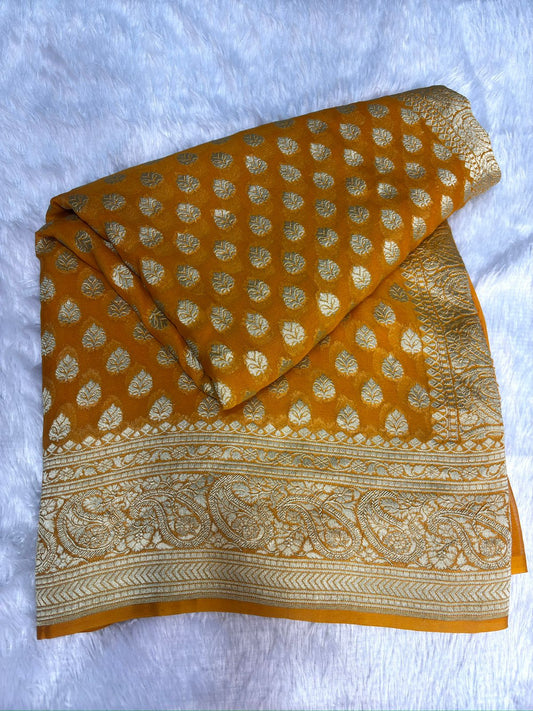 Mustard Gold Khaddi Georgette Banarasi Saree with Antique Zari Border