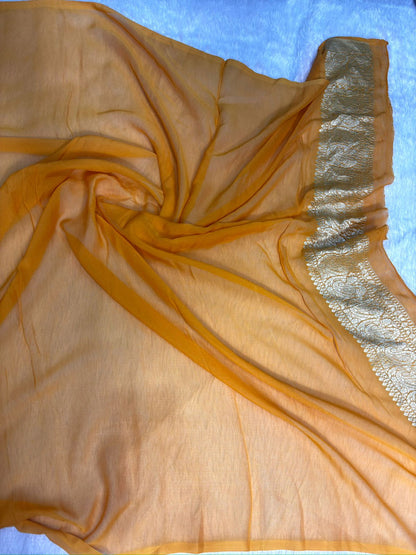 Mustard Gold Khaddi Georgette Banarasi Saree with Antique Zari Border