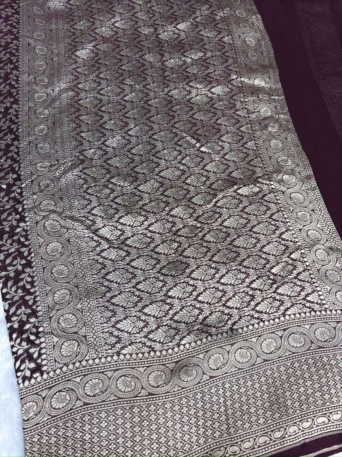 Wine Purple Khaddi Georgette Banarasi Saree with Rich Antique Zari Work