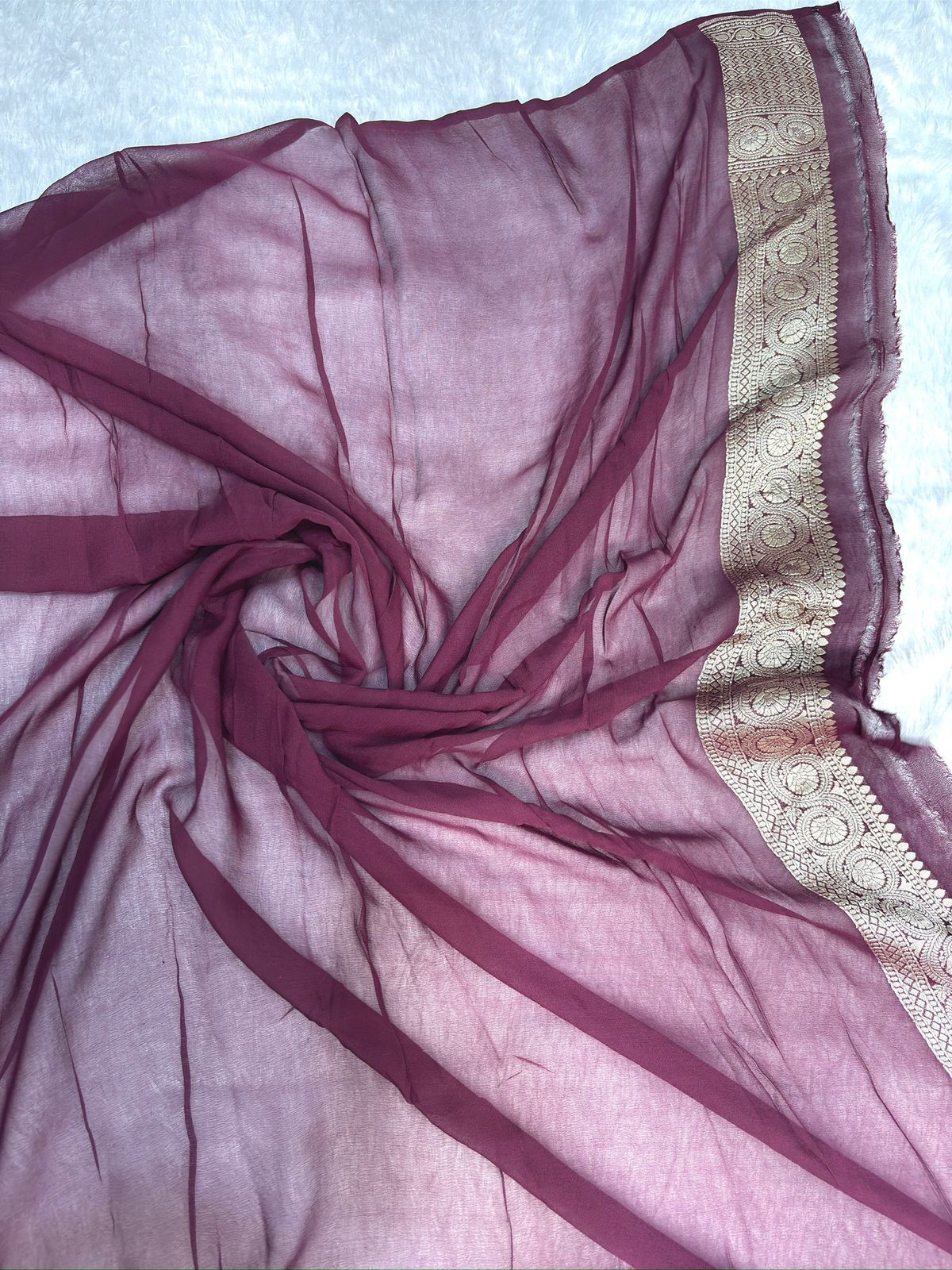 Wine Purple Khaddi Georgette Banarasi Saree with Rich Antique Zari Work