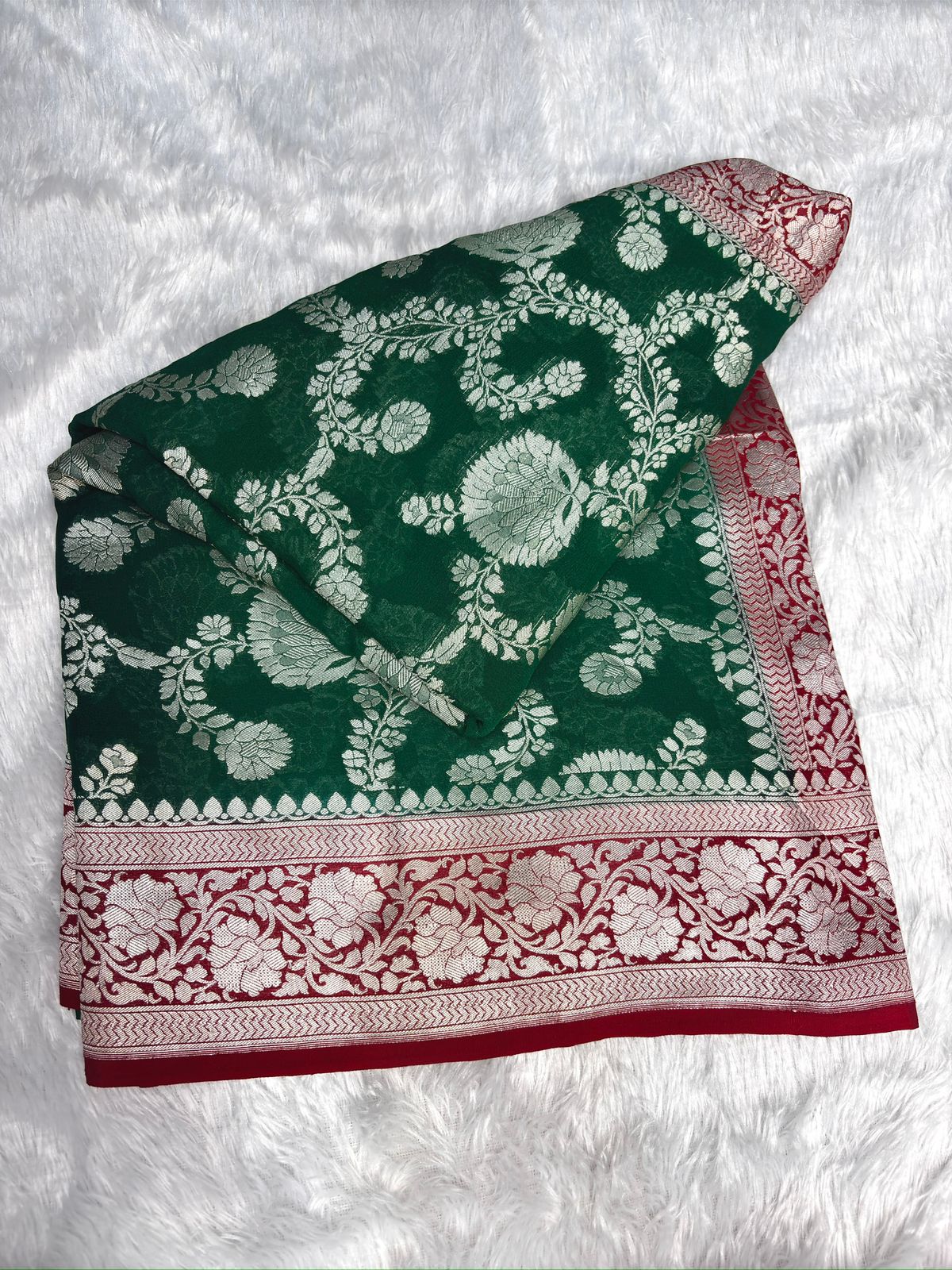Bridal Red & Emerald Green Khaddi Georgette Banarasi Saree with Rich Zari Weaving