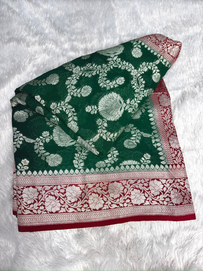 Bridal Red & Emerald Green Khaddi Georgette Banarasi Saree with Rich Zari Weaving