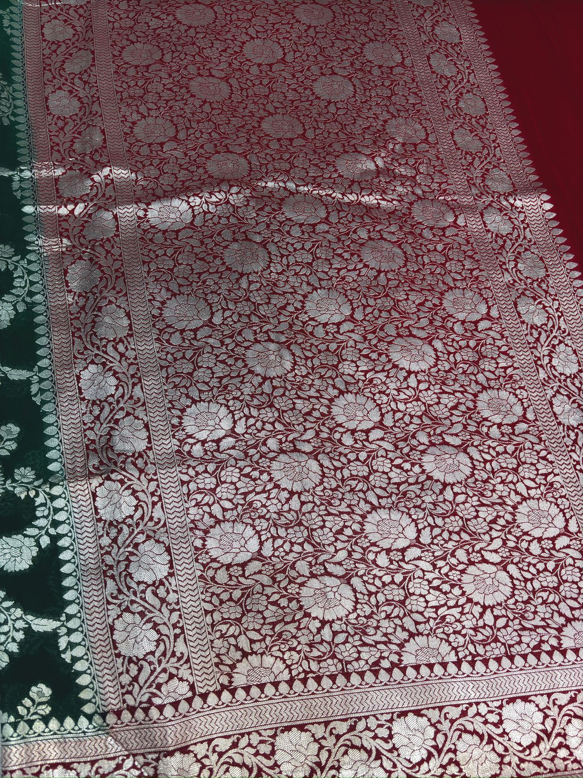 Bridal Red & Emerald Green Khaddi Georgette Banarasi Saree with Rich Zari Weaving