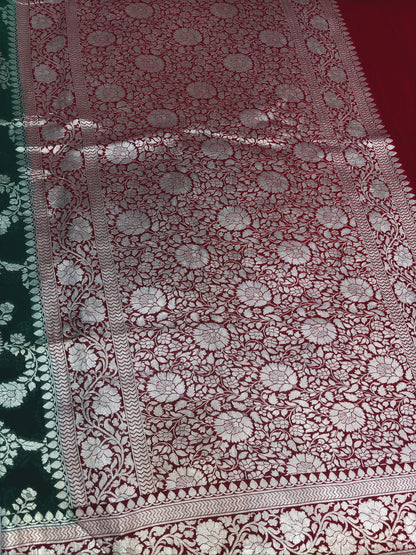 Bridal Red & Emerald Green Khaddi Georgette Banarasi Saree with Rich Zari Weaving