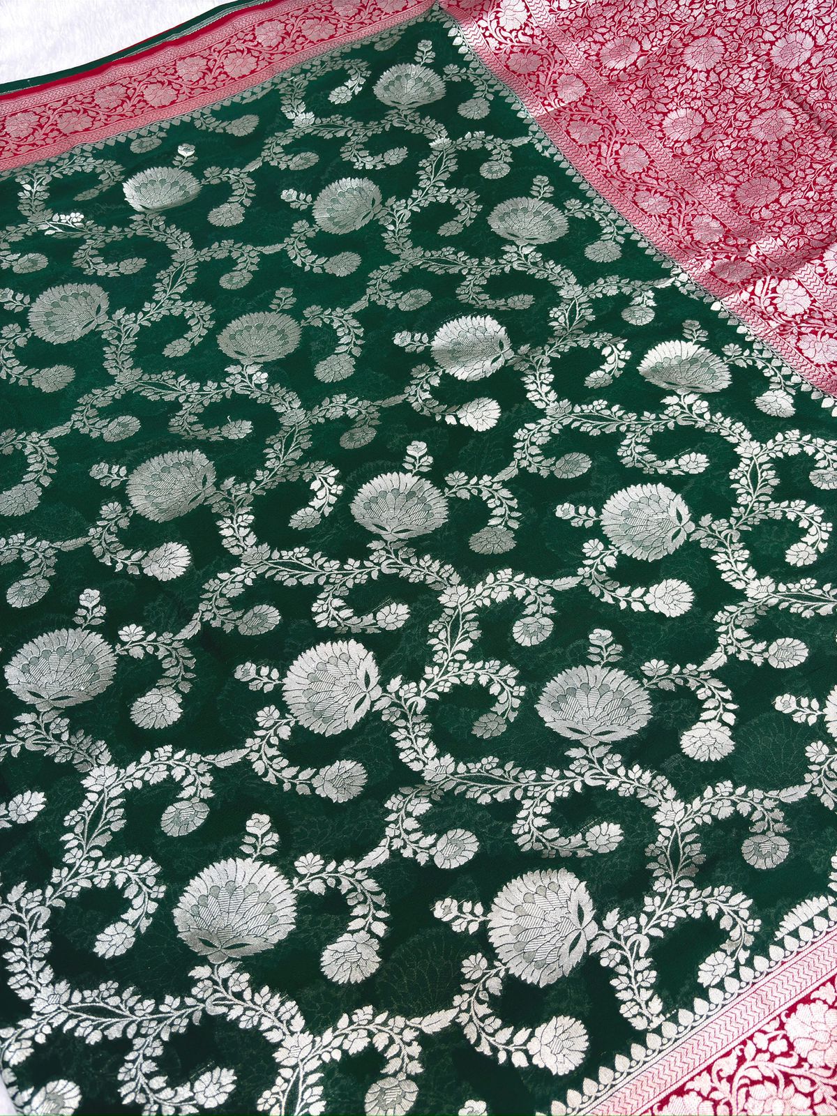 Bridal Red & Emerald Green Khaddi Georgette Banarasi Saree with Rich Zari Weaving
