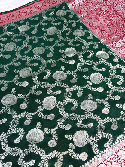 Bridal Red & Emerald Green Khaddi Georgette Banarasi Saree with Rich Zari Weaving
