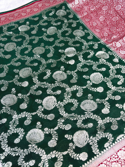 Bridal Red & Emerald Green Khaddi Georgette Banarasi Saree with Rich Zari Weaving