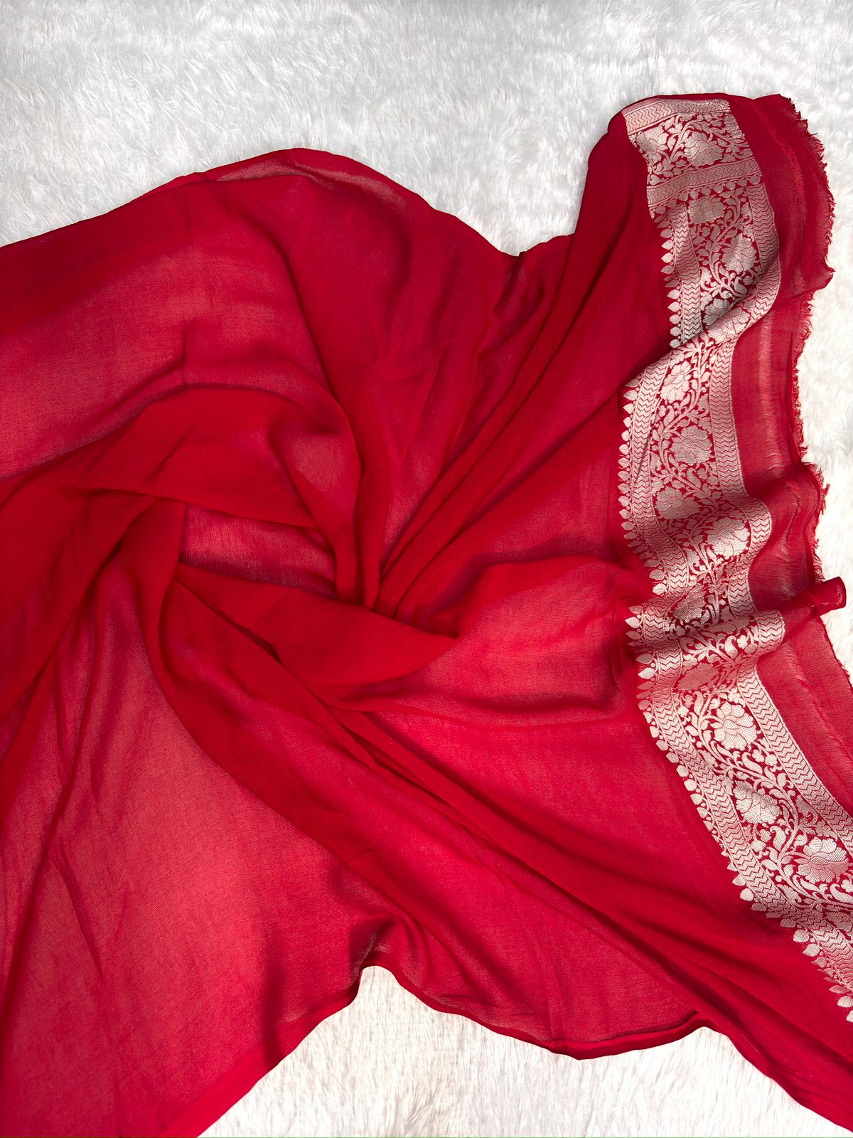 Bridal Red & Emerald Green Khaddi Georgette Banarasi Saree with Rich Zari Weaving