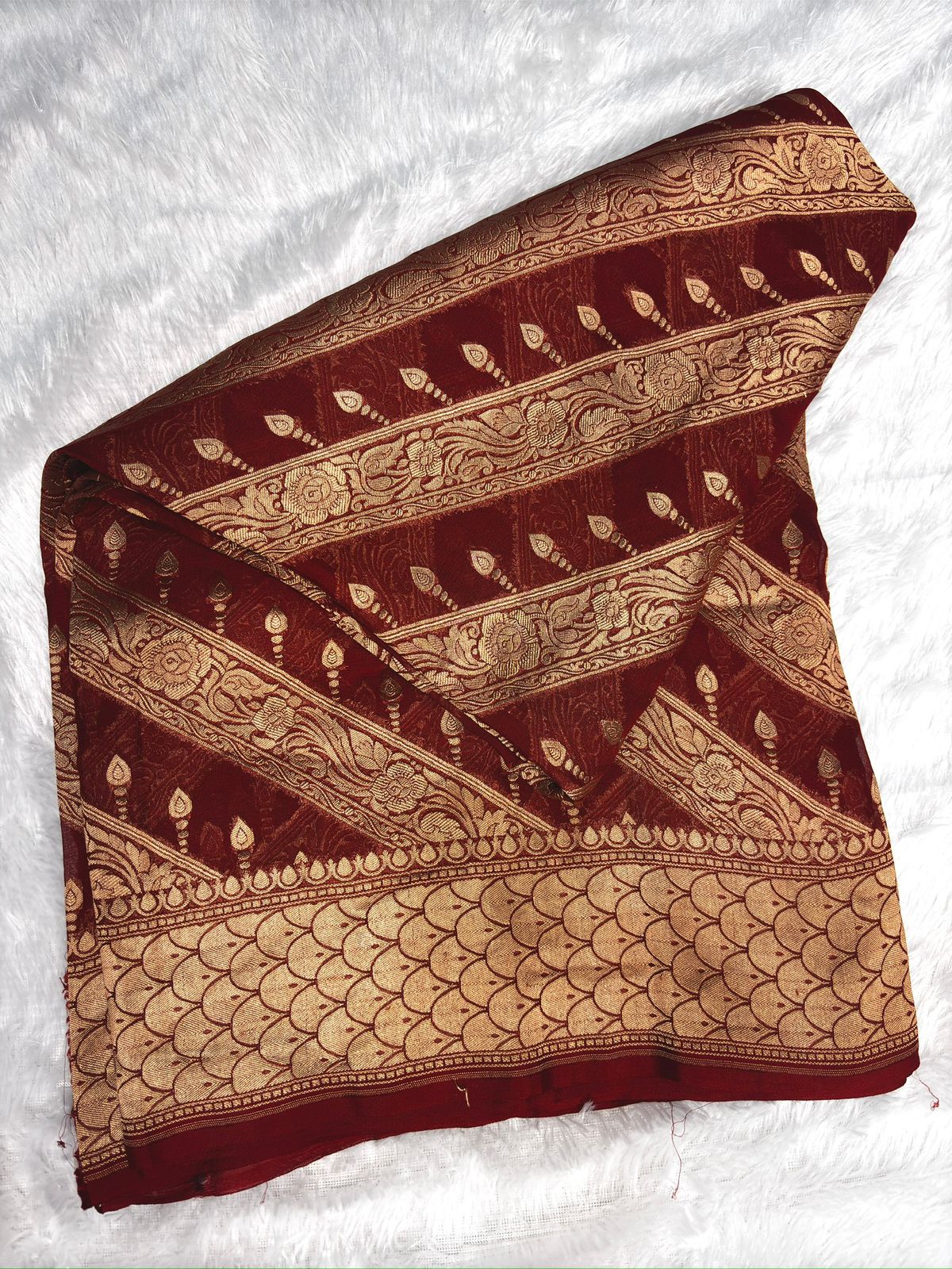 Maroon Khaddi Georgette Banarasi Saree with Striped Zari Weaving & Grand Pallu