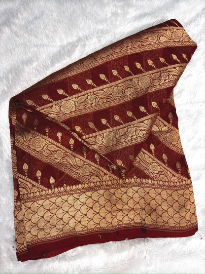 Maroon Khaddi Georgette Banarasi Saree with Striped Zari Weaving & Grand Pallu