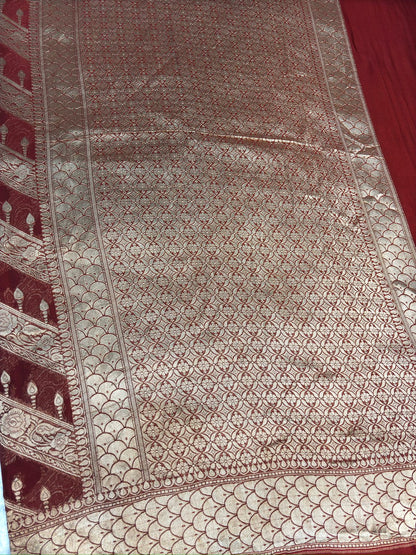 Maroon Khaddi Georgette Banarasi Saree with Striped Zari Weaving & Grand Pallu