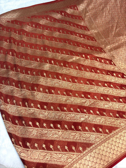 Maroon Khaddi Georgette Banarasi Saree with Striped Zari Weaving & Grand Pallu