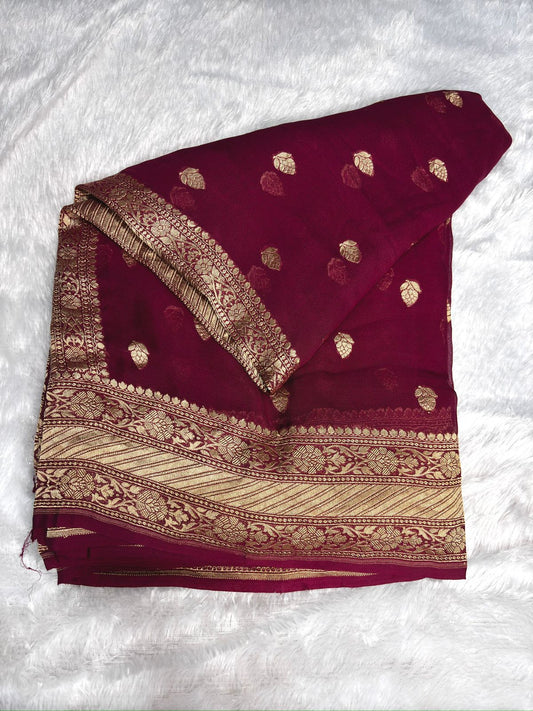 Rose Pink Khaddi Georgette Banarasi Saree with Antique Zari Booti & Rich Pallu