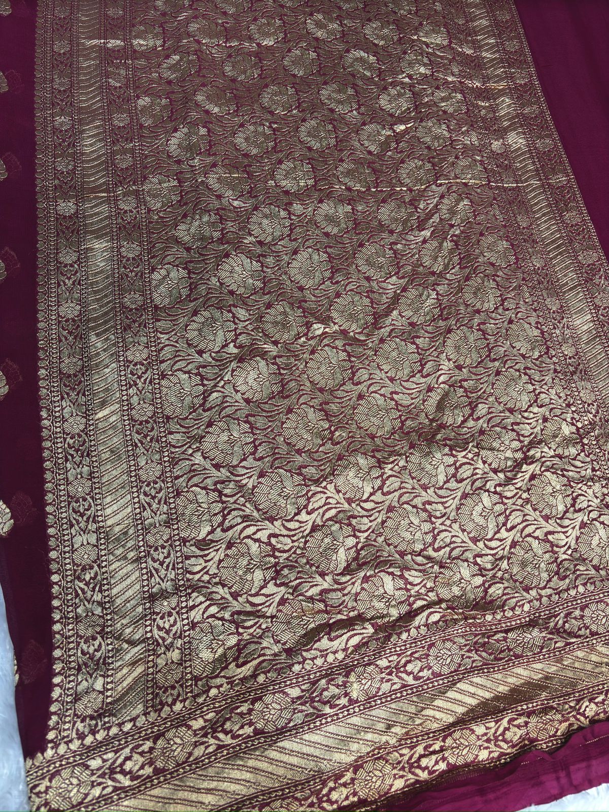 Rose Pink Khaddi Georgette Banarasi Saree with Antique Zari Booti & Rich Pallu