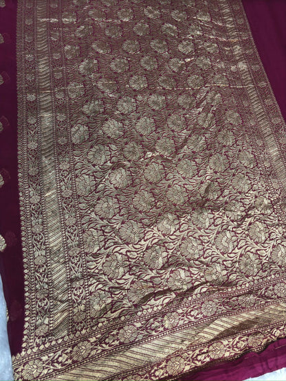Rose Pink Khaddi Georgette Banarasi Saree with Antique Zari Booti & Rich Pallu