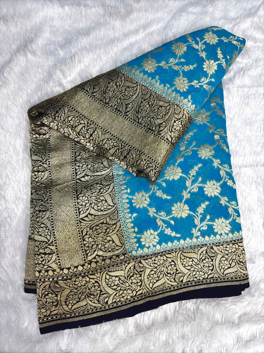 Royal Navy Blue & Turquoise Khaddi Georgette Banarasi Saree with Antique Zari Work