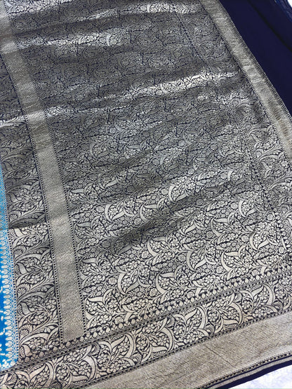 Royal Navy Blue & Turquoise Khaddi Georgette Banarasi Saree with Antique Zari Work