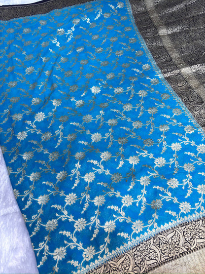 Royal Navy Blue & Turquoise Khaddi Georgette Banarasi Saree with Antique Zari Work