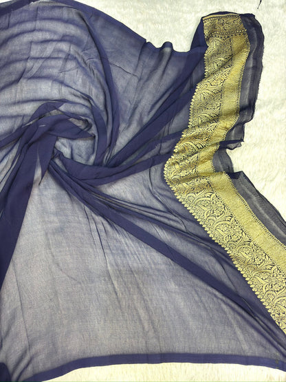 Royal Navy Blue & Turquoise Khaddi Georgette Banarasi Saree with Antique Zari Work