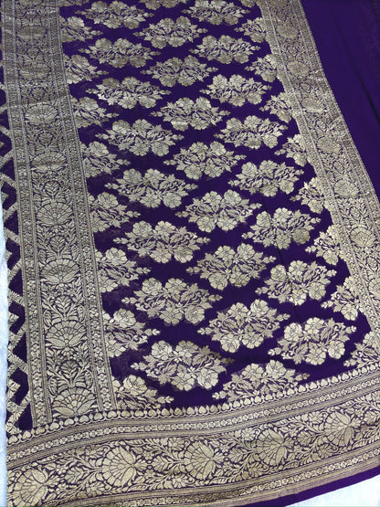 Royal Purple Khaddi Georgette Banarasi Saree with Allover Antique Zari Weaving