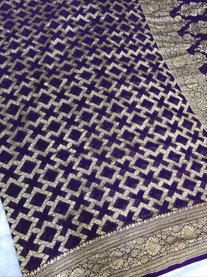 Royal Purple Khaddi Georgette Banarasi Saree with Allover Antique Zari Weaving