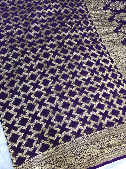 Royal Purple Khaddi Georgette Banarasi Saree with Allover Antique Zari Weaving