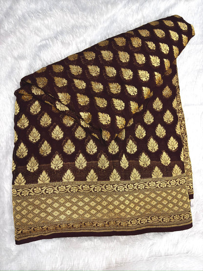 Vintage Wine Khaddi Georgette Banarasi Saree with Allover Buti & Rich Zari Pallu