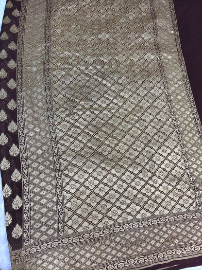 Vintage Wine Khaddi Georgette Banarasi Saree with Allover Buti & Rich Zari Pallu