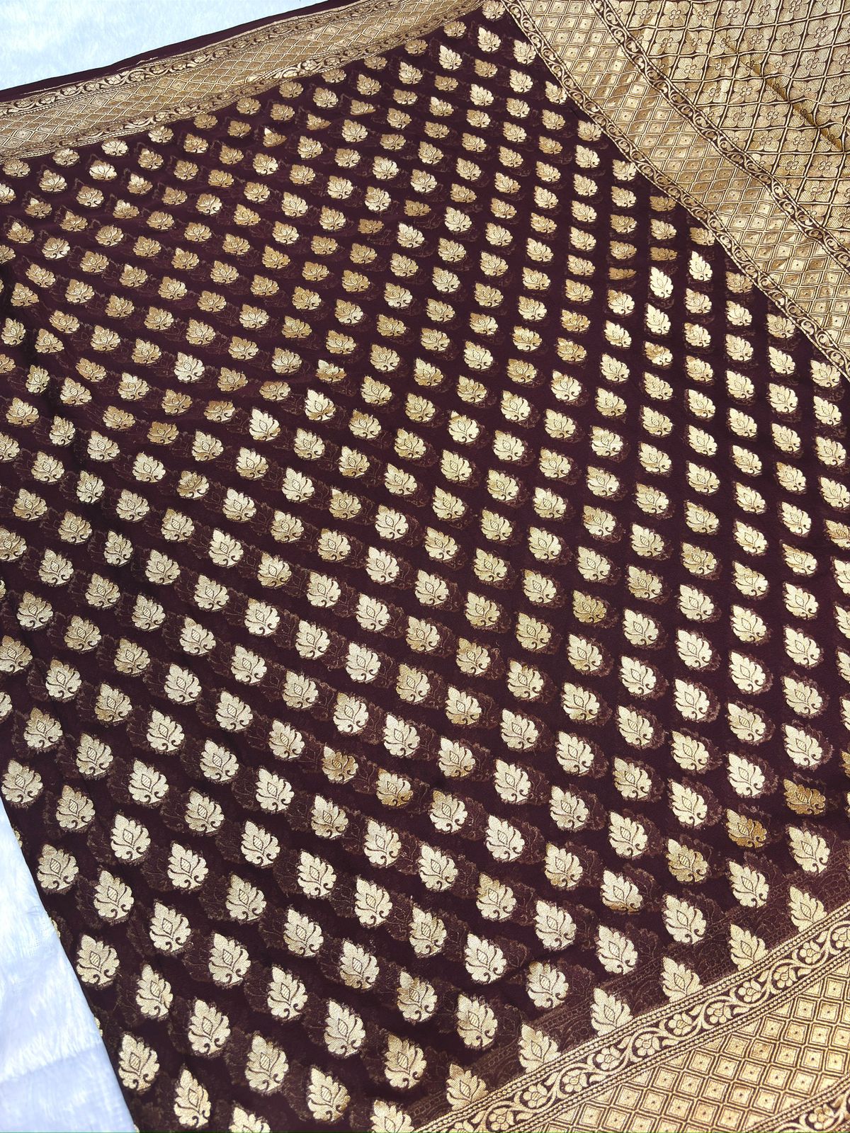 Vintage Wine Khaddi Georgette Banarasi Saree with Allover Buti & Rich Zari Pallu