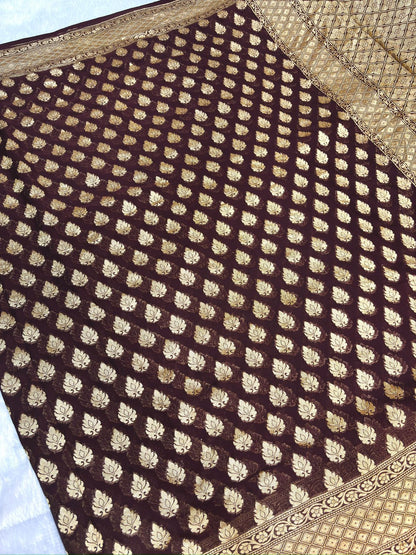 Vintage Wine Khaddi Georgette Banarasi Saree with Allover Buti & Rich Zari Pallu
