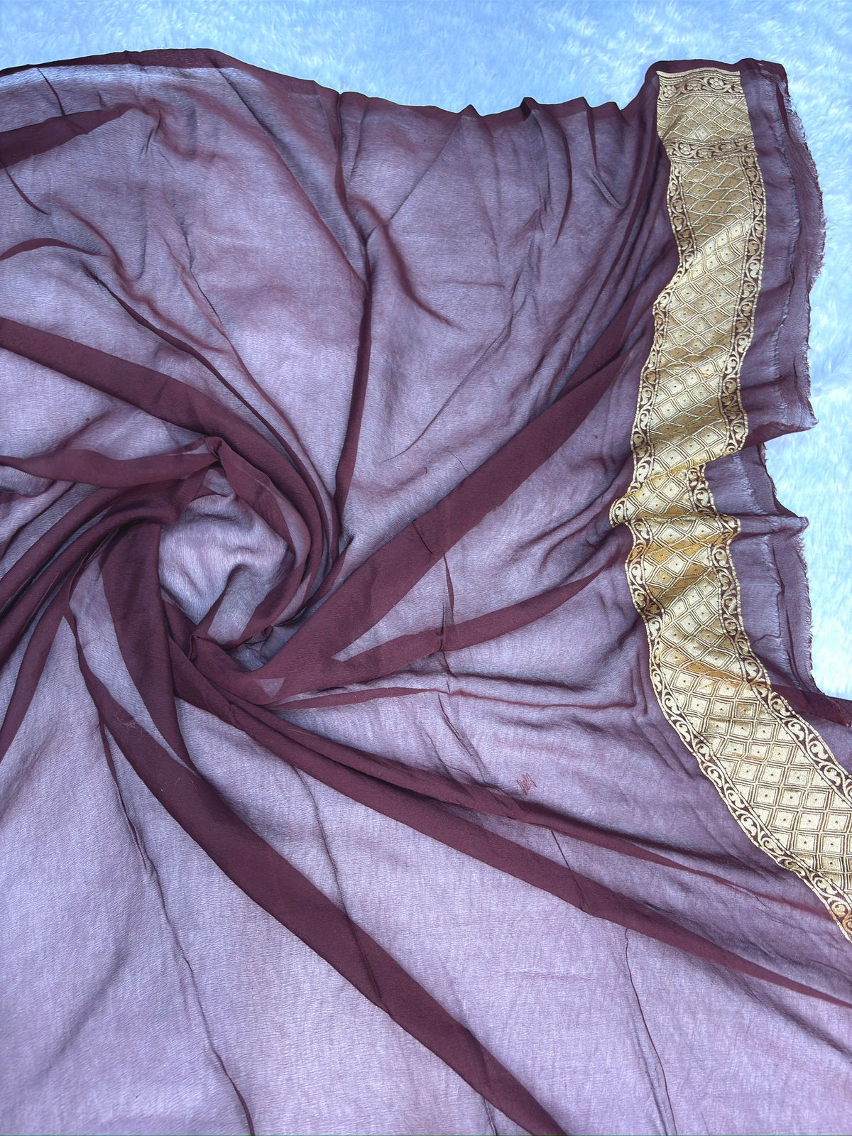 Vintage Wine Khaddi Georgette Banarasi Saree with Allover Buti & Rich Zari Pallu