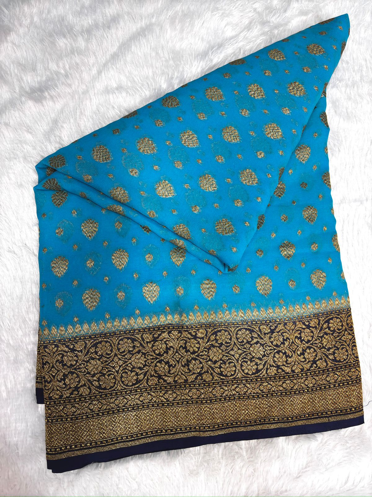 Royal Navy & Turquoise Khaddi Georgette Banarasi Saree with Zari Buti & Heavy Pallu