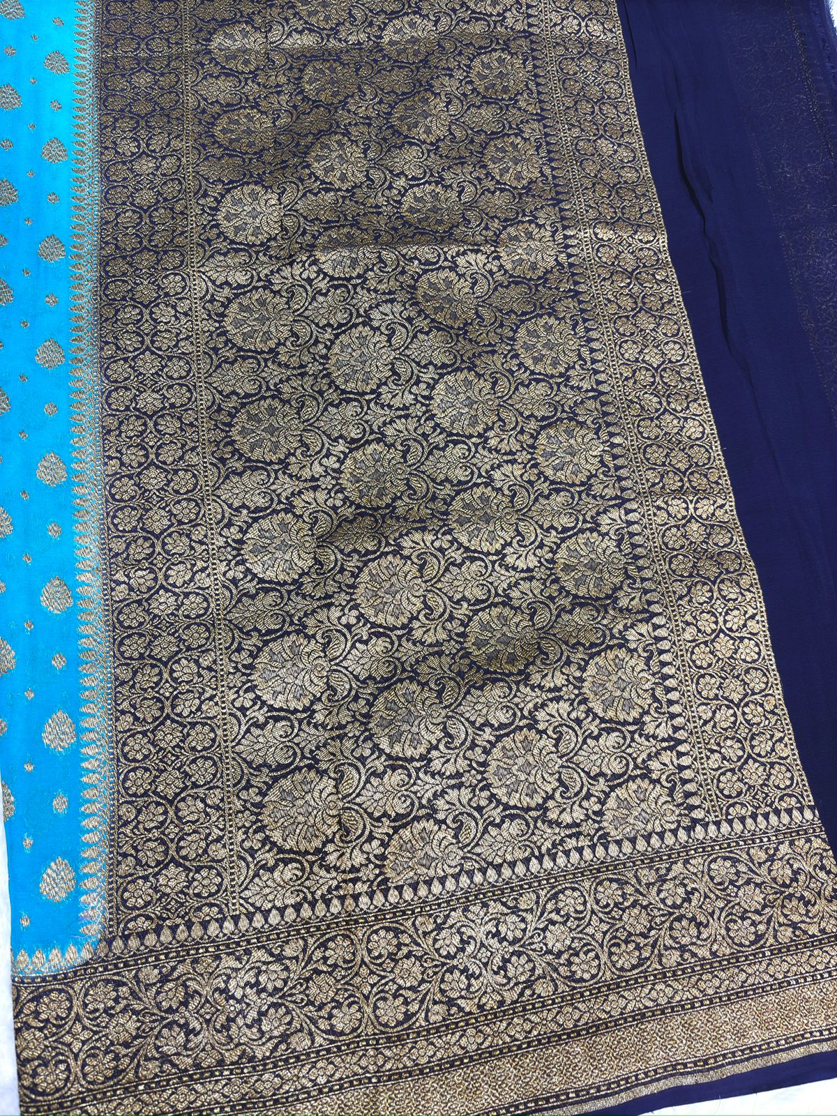 Royal Navy & Turquoise Khaddi Georgette Banarasi Saree with Zari Buti & Heavy Pallu