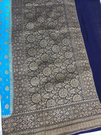 Royal Navy & Turquoise Khaddi Georgette Banarasi Saree with Zari Buti & Heavy Pallu