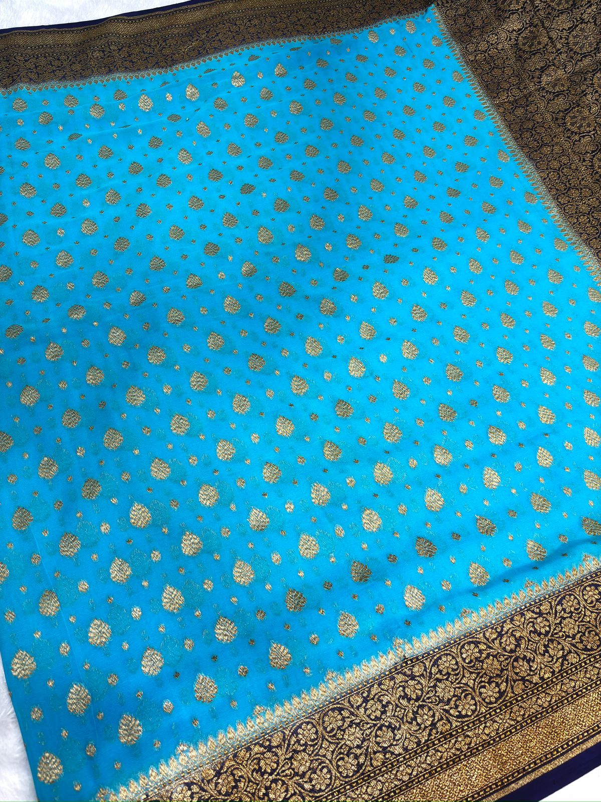 Royal Navy & Turquoise Khaddi Georgette Banarasi Saree with Zari Buti & Heavy Pallu