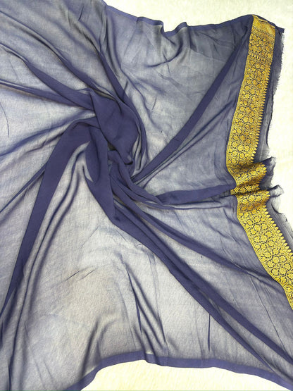 Royal Navy & Turquoise Khaddi Georgette Banarasi Saree with Zari Buti & Heavy Pallu