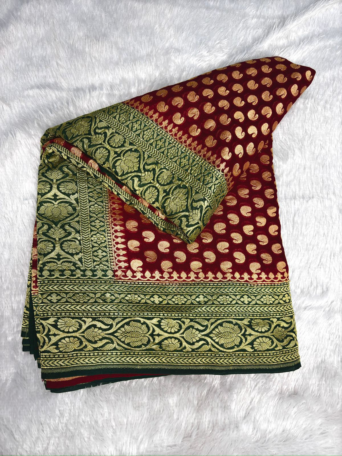 Mehendi Green & Crimson Red Khaddi Georgette Banarasi Saree with Antique Zari Buti