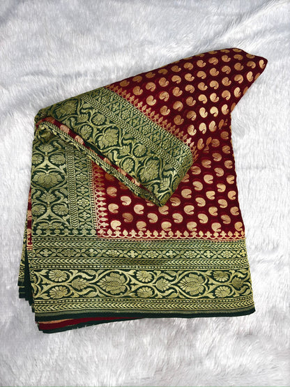 Mehendi Green & Crimson Red Khaddi Georgette Banarasi Saree with Antique Zari Buti