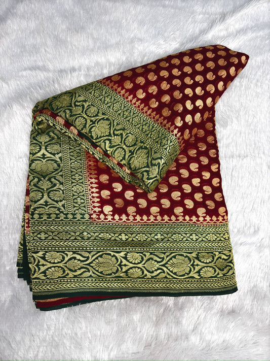 Mehendi Green & Crimson Red Khaddi Georgette Banarasi Saree with Antique Zari Buti