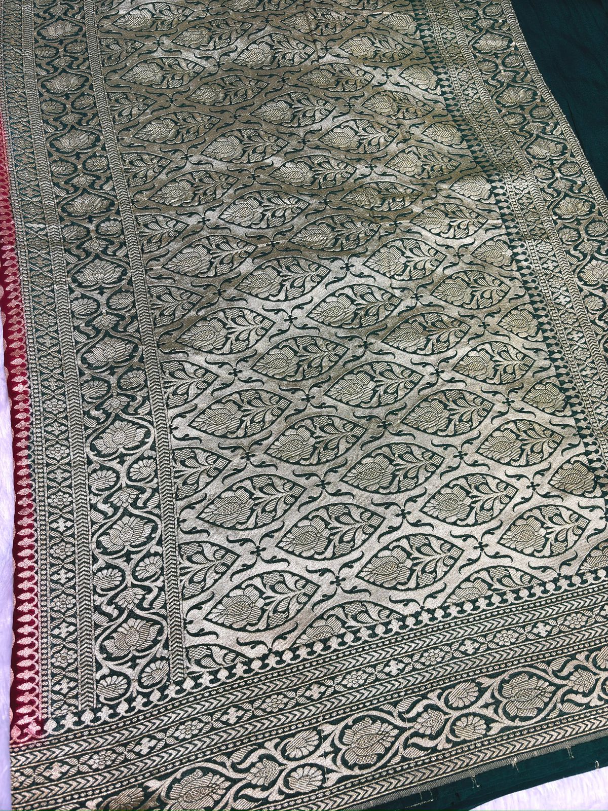 Mehendi Green & Crimson Red Khaddi Georgette Banarasi Saree with Antique Zari Buti